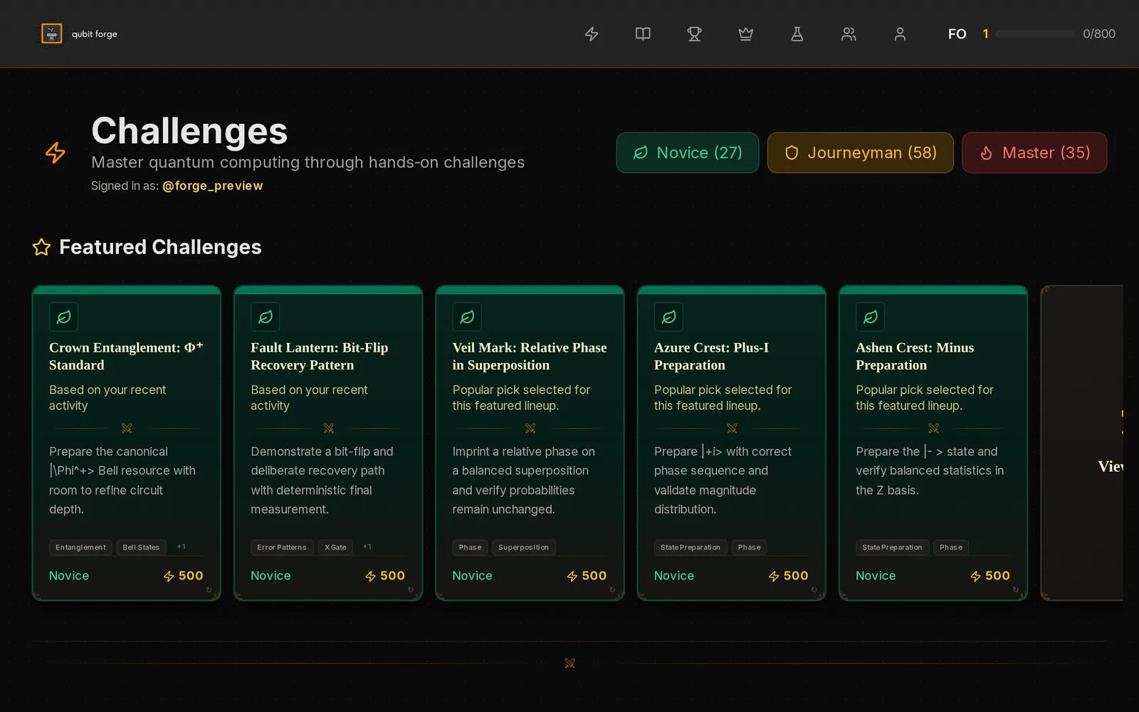 The Qubit Forge challenge library, with featured challenges across Novice, Journeyman and Master tiers.