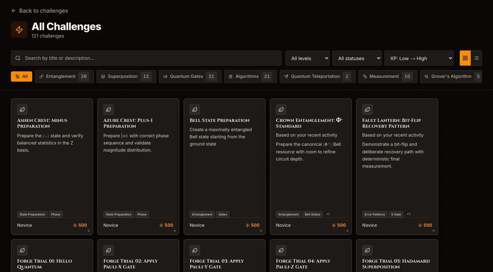 The Qubit Forge challenge list, showing individual challenge cards with a title, topic tags, tier and XP value on each one.