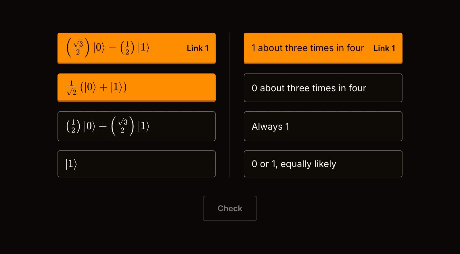 A Qubit Forge module screen pairing a written qubit state with its readout behaviour, with one pair linked and a second state picked up ready to link.